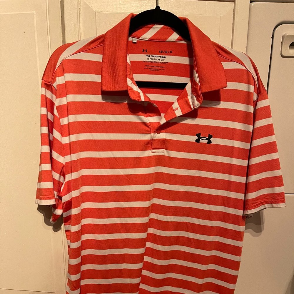 Under Armour The Playoff Polo Size Large Orange White Striped Shirt Poly Golf